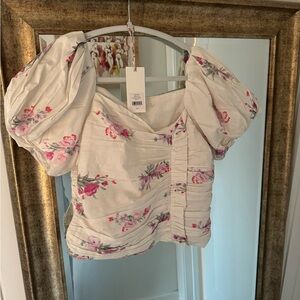 LoveShackFancy Ivory Floral Puff-Sleeve Blouse